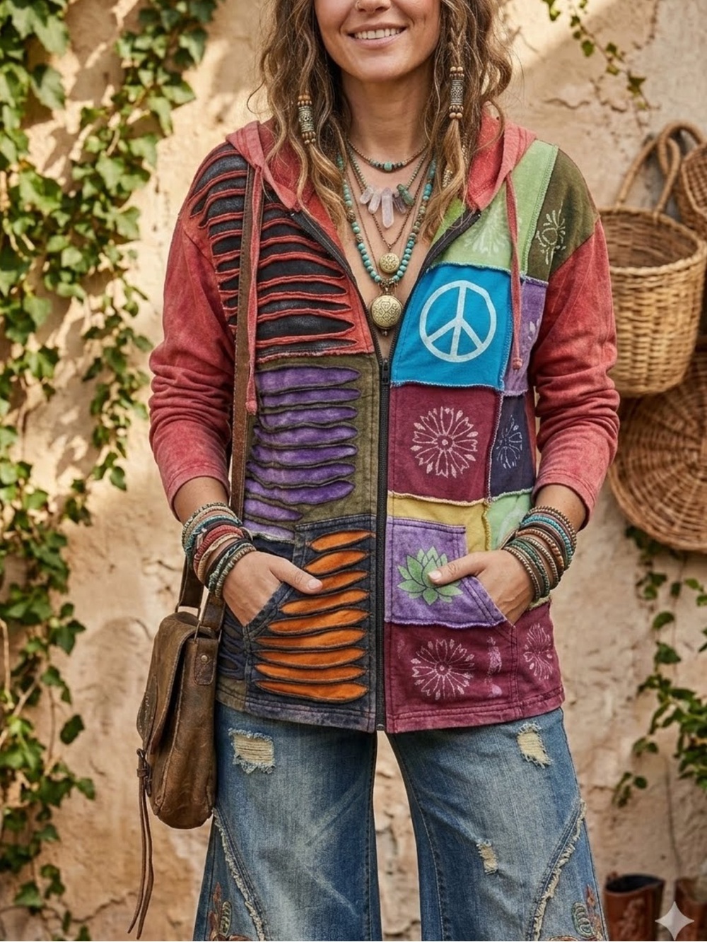 KPC Colorful Patchwork Hoodie, zip Peace Sign fits more like L see measurements